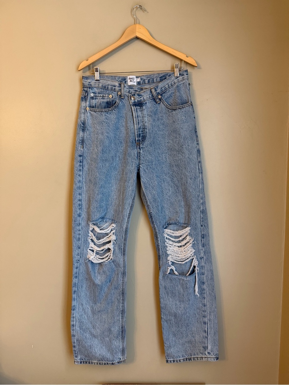 Princess Polly Crossover Waist Straight Leg Jeans Light Wash Distressed Sz 8